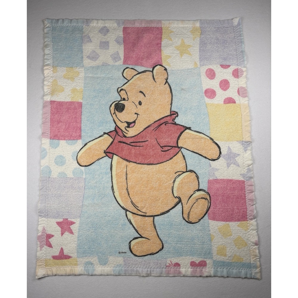 Vintage Disney Winnie the Pooh Baby Blanket Satin Trim 36x46 Made USA Crib Throw